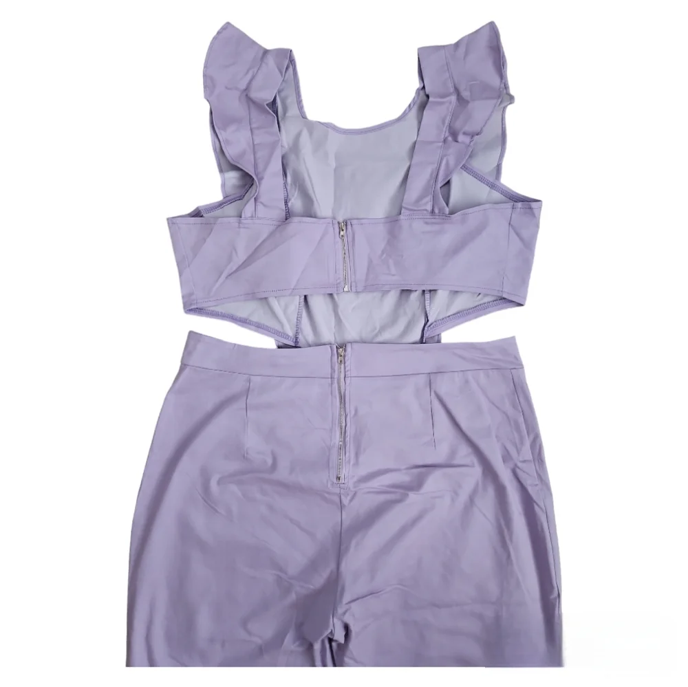 Women's Flutter Ruffle Trim Cutout Waist Jumpsuit Lavender